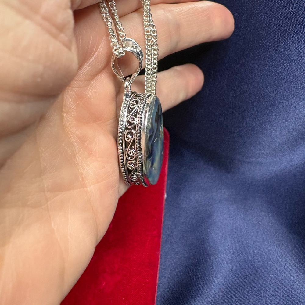 Pendant 925 Sterling Silver Abalone Statement Necklace 18” Chain - Picture 5 of 8